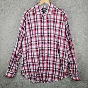 Neiman Marcus Mens Dress Shirt XL Classic Fit Button Up Excellent Red Plaid